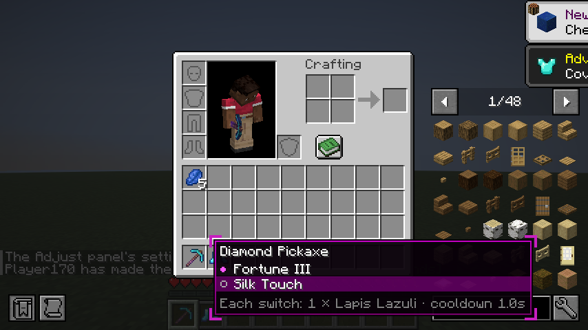 The Adjust panel next to a pickaxe, with JEI's item list on the right