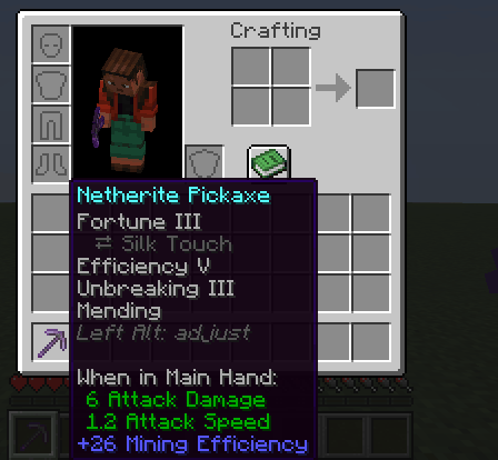 Switching a netherite pickaxe from Fortune III to Silk Touch: hover it, Left Alt, click Silk Touch