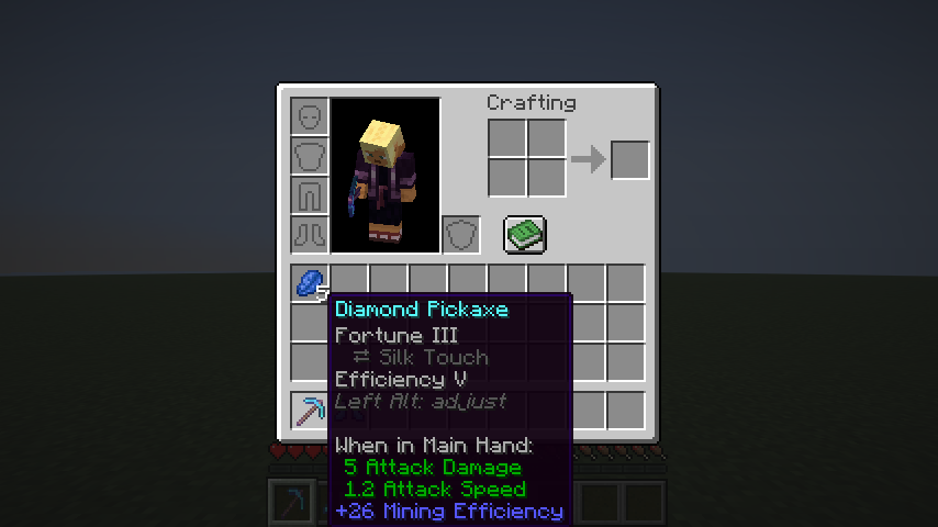 A pickaxe tooltip: Fortune III, Silk Touch dormant under it, Efficiency V, and the Left Alt hint